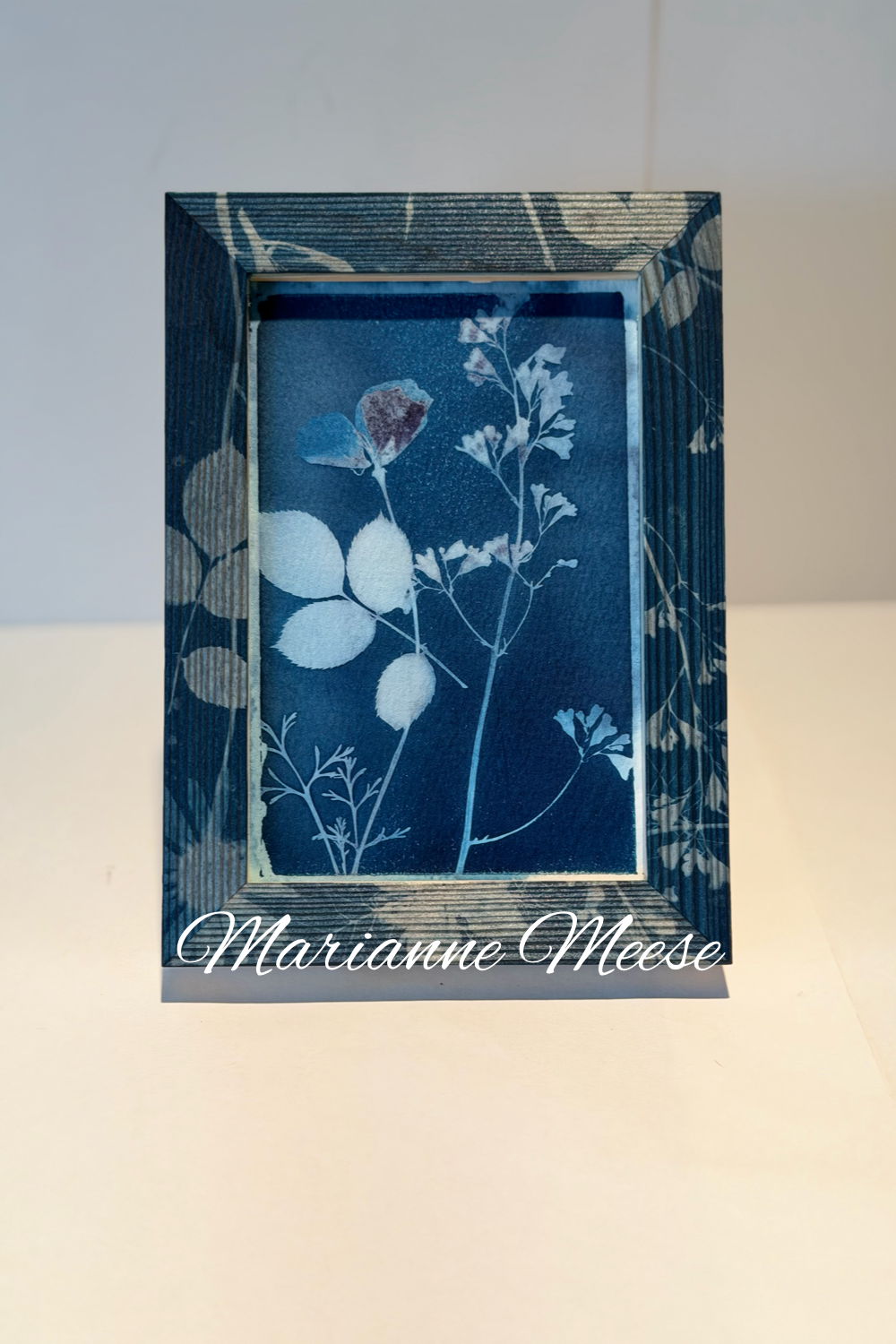 Botanical cyanotype printed on wood frame and paper within